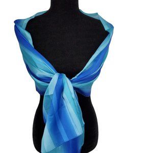 Silk Scarf Shawl Blue Turquoise Ombre Striped 14x62" Long Rectangle